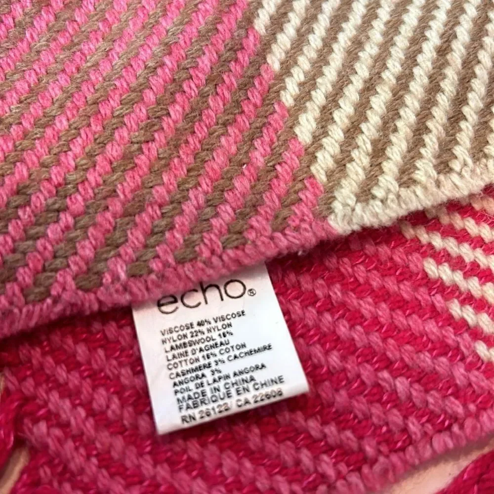 Echo gorgeous double fringe scarf pink tan and red